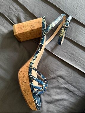 Blue Snake-Print Cork Platform Sandals with Ankle Strap